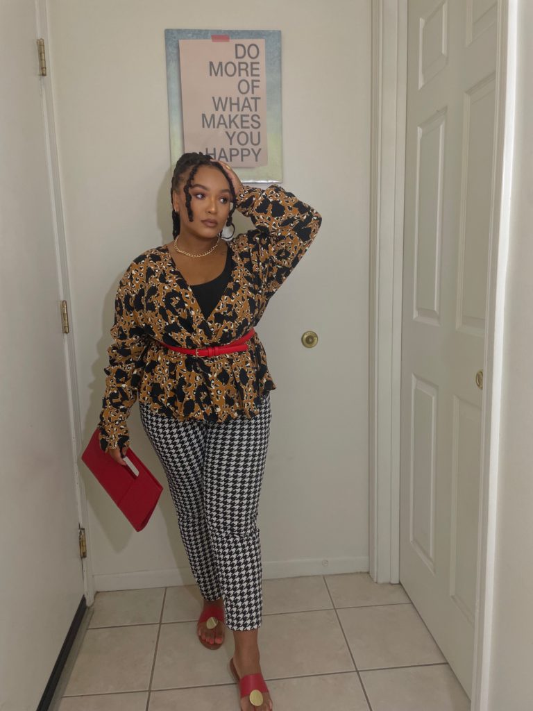 mix prints and patterns outfit houndstooth